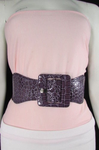 Women Party Purple Hip High Stretchy Wide Belt Square Buckle Fashionable M L XL