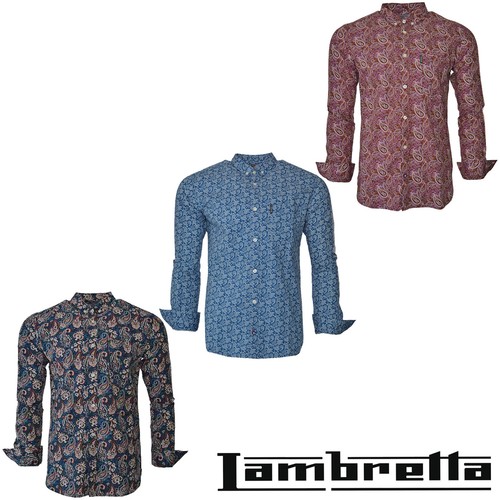 Lambretta Paisley Shirts Mens MOD Retro Long Sleeve Cotton Button Down UK S-3XL