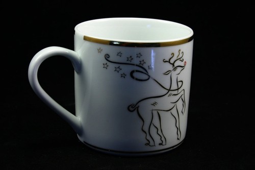 Rudolph Reindeer Christmas Holiday White w//Gold Cups Mugs 4 The Rudolph Co