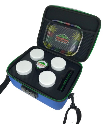 Rolling Tray Blue Modern Cool Odor Smell Proof Stash Box Glass Jars+ Grinder