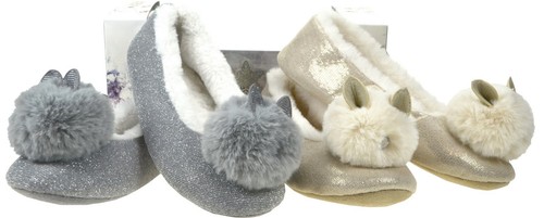 LADIES GIRLS VINTAGE DIAMONTE POM POM PUMP SLIPPERS IN GIFT BOX CHRISTMAS GIFT