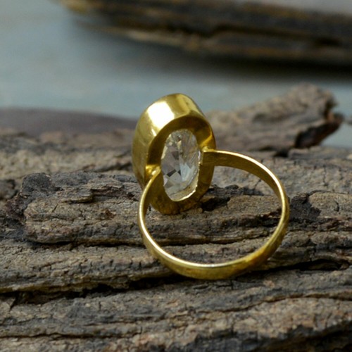 Rose Cut Rock Crystal Gemstone Sterling Silver Yellow Gold Birthstone Gift Ring