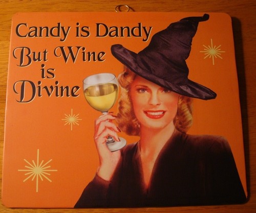 Vintage Retro Style Halloween Decor Sign Pin Up Girl Witch Party WINE IS DIVINE