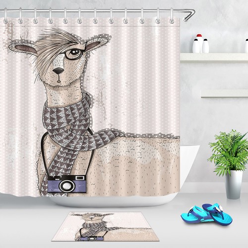 Cute Hipster Lama Camera Bathroom Waterproof Fabric Shower Curtain Set Hooks