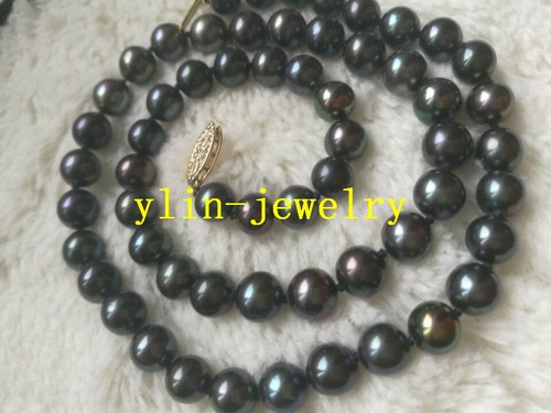 Real 7-8MM REAL BLACK Tahitian PEARL NECKLACE 14K GOLD CLASP 18/"