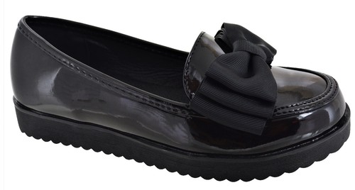 GIRLS FLAT CHILDREN BLACK PATENT LOW HEEL BOW SLIP ON LOAFERS SCHOOL SHOES 13-5