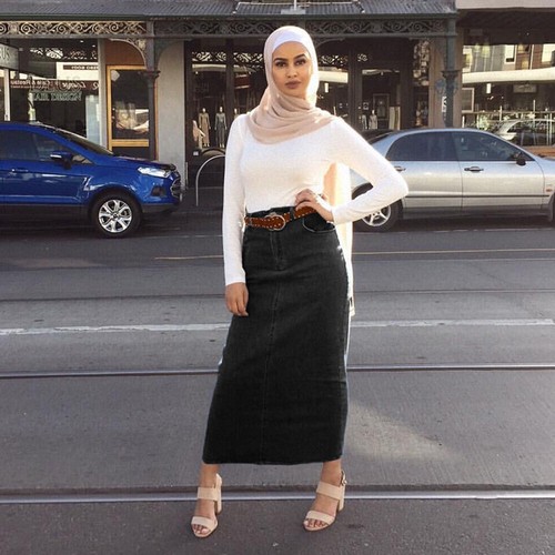 Women Denim High Waist Long Skirts Pencil Slim Skirt Slit Modest Stretch Jeans