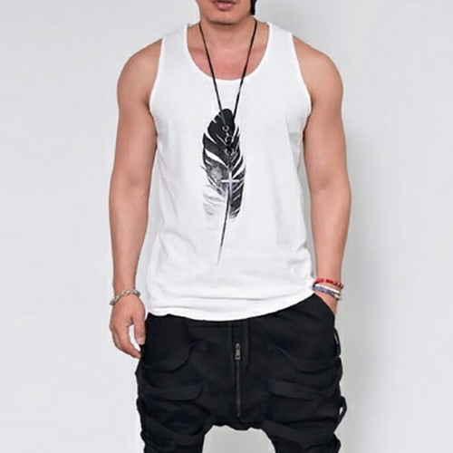 Men Summer Casual Printed Vest Sleeveless Shirt O neck White Black Vest