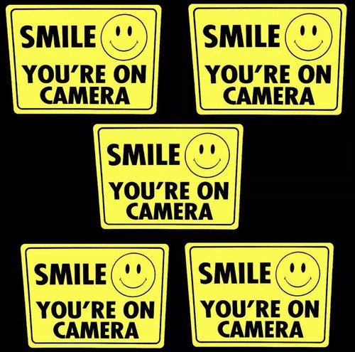 5 Pcs SMILE YOU/'RE ON CAMERA Yellow Business Security Sign CCTV Video