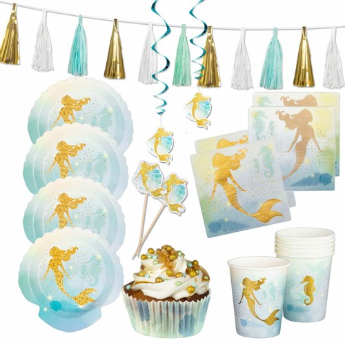 89pc Mermaid Party Party Set Gold Blue Plates Napkins Tableware Decorations Pack