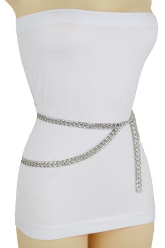 Women Club Fashion Belt Silver Thick Metal Chunky Chain Link Side Wave M L XL