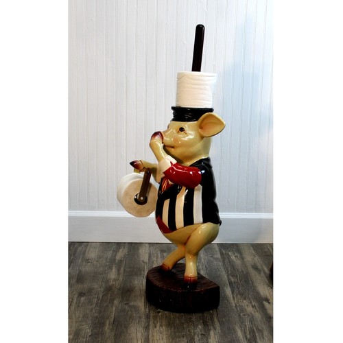 Pig Holding Nose Toilet Paper Holder and Extra Roll Cute Fun Bathroom Statue