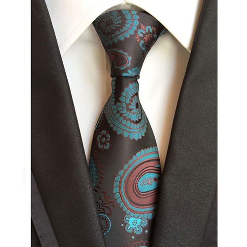Men Lake Blue Brown Paisley Silk Necktie Cravat Ascot Pocket Square Set Lot