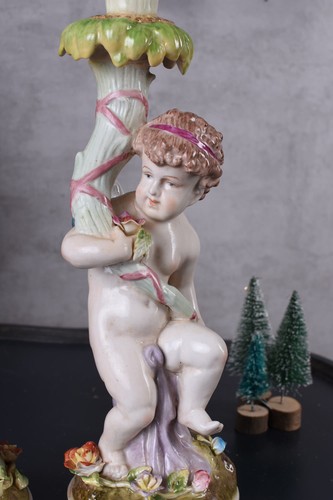 KERZENLEUCHTER 2er Set BAROCK PORZELLAN ENGEL Leuchter Kerzenhalter Amor Antik