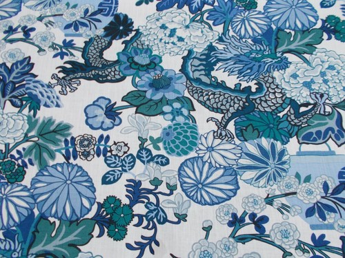 Schumacher Curtain Fabric /'CHIANG MAI DRAGON/' 3 METRES CHINA BLUE 100/%Linen
