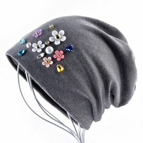 Women Beanies Spring Autumn Solid Color Skullies Hat Rhinestone Pearl Flower Cap