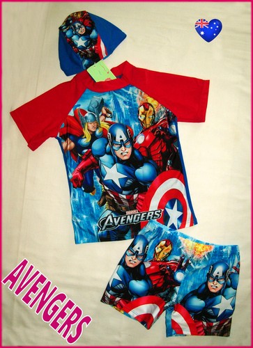 Top Trunks /& Lycra Cap SWIMWEAR Heroes Togs AVENGERS 3pc RASH SET Sz 2 4 6 7 8