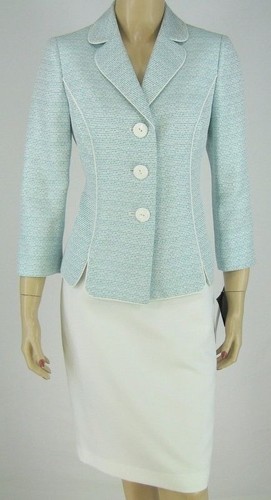 Le Suit Summer Teal White Jacket Blazer Skirt Suit $200 New 9265