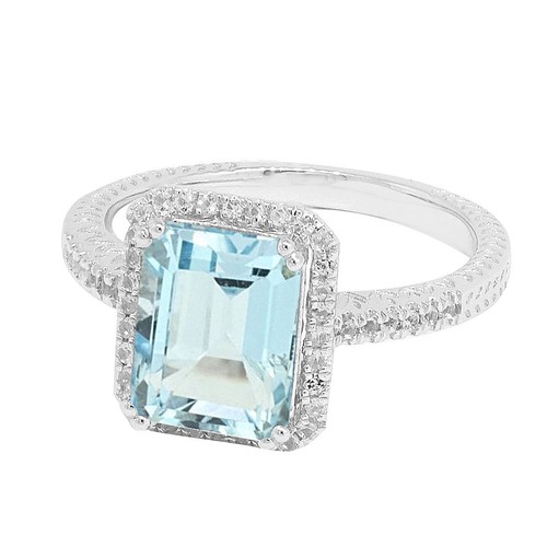 4 C.T.T.W Art Deco Sterling Silver Emerald Cut Genuine Blue Topaz Halo Ring