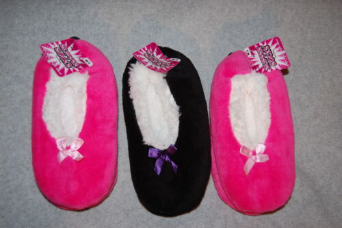 Girls 3 PAIR LOT SOCK SLIPPERS Booties SHERPA LINED Solid PINK /& BLACK Sz M-L