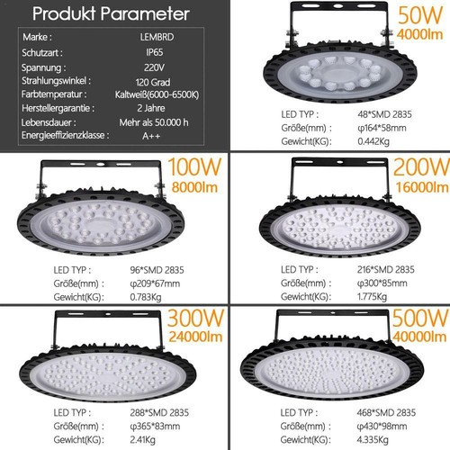 50-500W UFO LED Hallenleuchte Fluter High Bay Licht Strahler Weiß Industrielampe