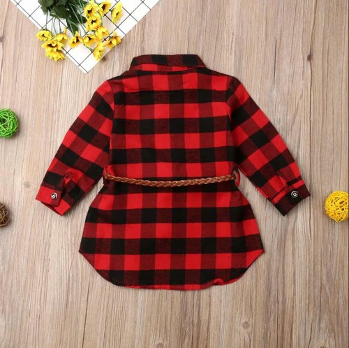 US 2Pcs Plaid Toddler Kids Baby Girl Outfit Clothes T Shirt Top Dress+Belt Set #