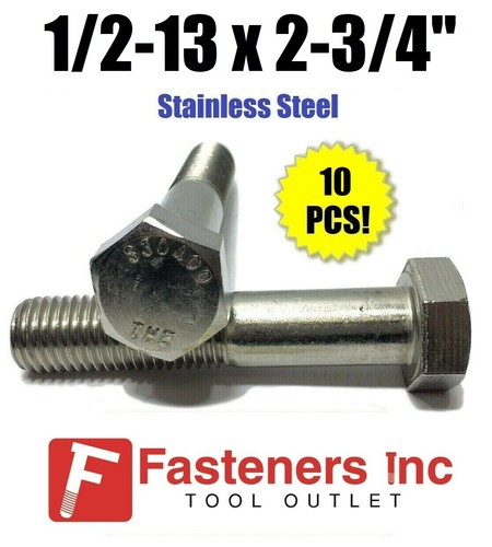 Bolt 18-8 1//2-13 x 2-3//4/" Stainless Steel Hex Cap Screw Qty 10 304