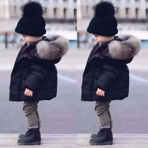 Fur Hooded Coat Boys Kids Black Thick Warm Winter Cotton Padded Parka Jacket e8