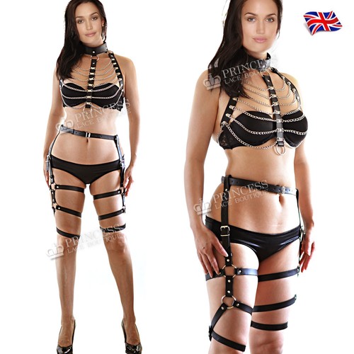 Chain Harness Bondage Top Leather Backless Choker Studs Festival Club Lock