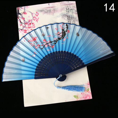 Vintage Chinese Hand Held Dance Fan Folding Silk Bamboo Flower Wedding Party 