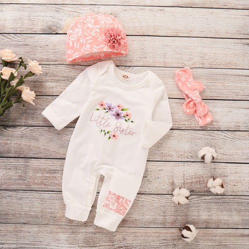 Baby Girl Floral Jumpsuit Bodysuit Playsuit+Hat Headbabd 3pcs Clothes Outfit Set