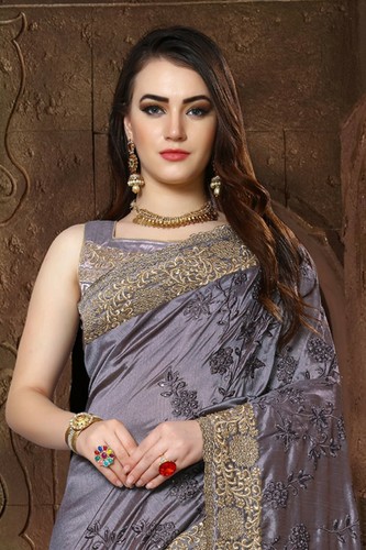 Designer Grey Heavy Zari Resham Embroidery Bollywood Sari Silk Party Wear Saree