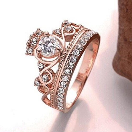 Lujo Mujeres Corona de Cristal estrás Anillo Joyería Boda Accesorios Z
