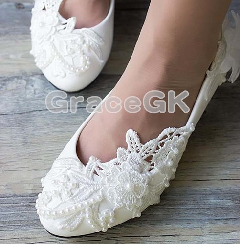 Lace Gem white ivory crystal Wedding shoes Bridal flats low high heel pump size