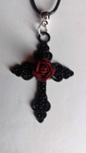 Gótico negro ajustable Encerado Cable Collar Gargantilla Gran Cruz Negra Red Rose *