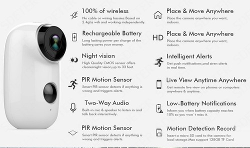 HD Audio 1080P Security Camera Wireless,WiFi Battery Operated Bullet IP Camera