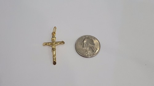 10K Yellow Cross Crucifix Jesus Religious Tube Charm Pendant Medium 1 inch INRI