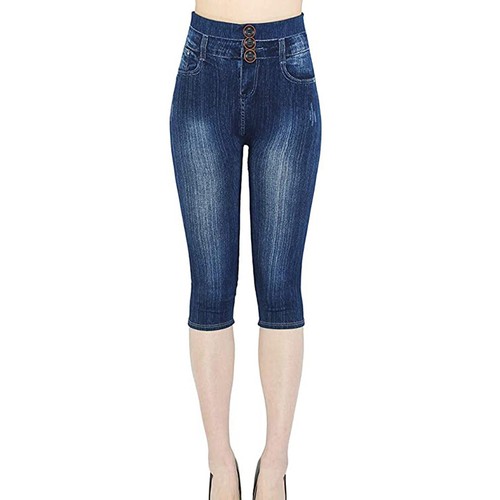 Women Denim Print Leggings Butt Lifting Slim Elastic High Waist Trousers Cropped