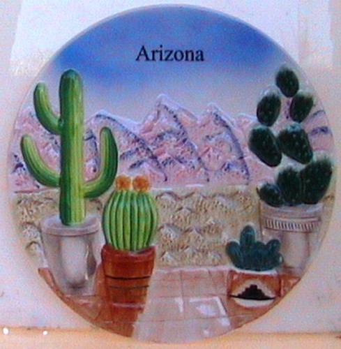 Decorative ceramic 8½ souvenir Plate Desert garden raised potted cacti mountain