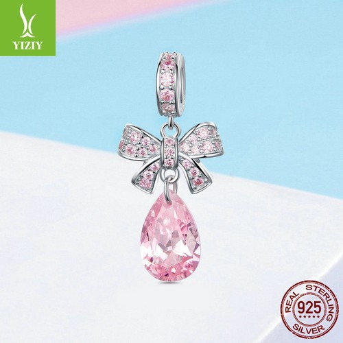 Authentic 925 Sterling Silver Pink Bowknot CZ Charm Pendant For Women Xmas Gift