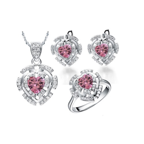Real 925 Sterling Silver Pink//Purple CZ Jewellery Set Necklace,Earring,ring