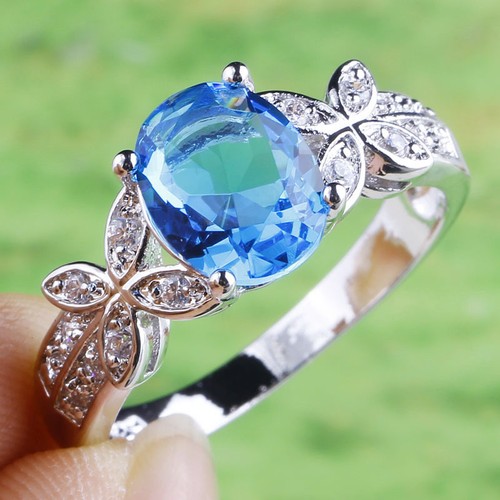 Oval Cut Blue /& White Topaz Gemstone Silver Ring Taille 7 8 9 10 Estate Jewelry