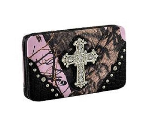 Mossy Oak Camo Bling Rhinestone Cross Flat Wallet Pink Orange Black Brown Green
