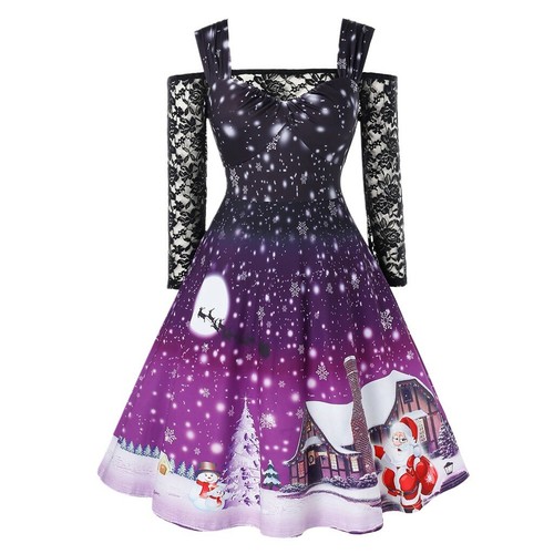 Women Cold Shoulder Lace T Shirt Patchwork Christmas Print Vintage Party Dress