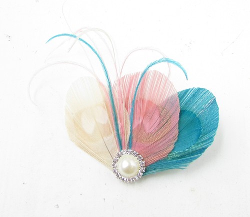 Blush rose bleu ivoire crème argent paon pince à cheveux plume vtg 682