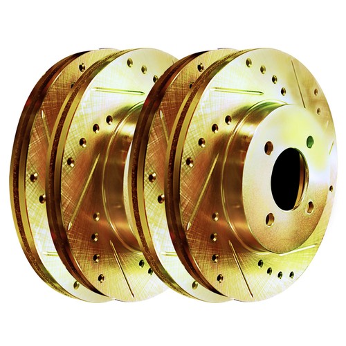 Fit 2002-2005 Hyundai Elantra Front Rear HartBrakes Gold Drill Slot Brake Rotors