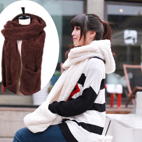 1Pc Women Warm Hoodie Gloves Pocket Earflap Hat Scarf A Cute Gift For Girlfriend