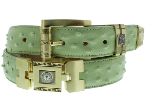 Green Genuine Leather Ostrich Crocodile Design Gold Links Western Cowboy Belt