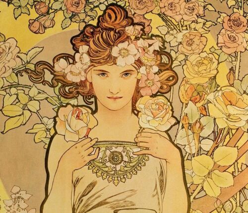 Lady Yellow and Pink Flowers by Alphonse Mucha
