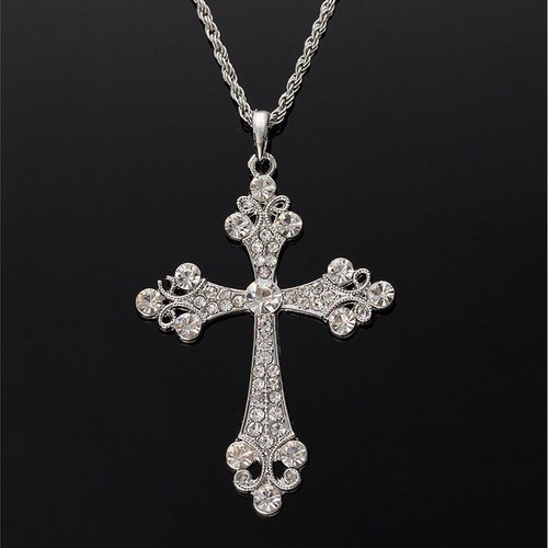 New Womens Mens Retro Style Crystal Rhinestone Cross Pendant Long Chain Necklace